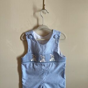 Charming baby Blue Gingham Jon Jon with smocked Easter bunnies.
